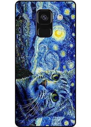 Чехол силиконовый бампер для samsung a8 plus с картинкой кошечка звездная ночь ван гог