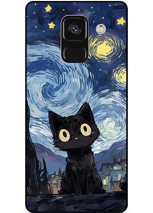 Чехол силиконовый бампер для samsung a8 plus с рисунком котик ван гог звездная ночь