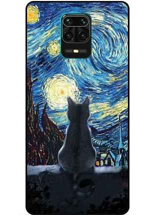 Чехол силиконовый бампер для xiaomi redmi note 9 pro с рисунком кошечка звездная ночь ван гог