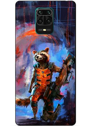 Чехол силиконовый бампер для xiaomi redmi note 9 pro с рисунком енот ракета стражи галактики