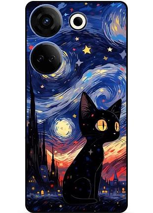 Чехол силиконовый бампер для tecno camon 20 pro с рисунком котик звездная ночь ван гог
