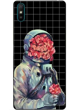 Силіконовий чохол бампер для xiaomi redmi 9a з малюнком скафандр квіти