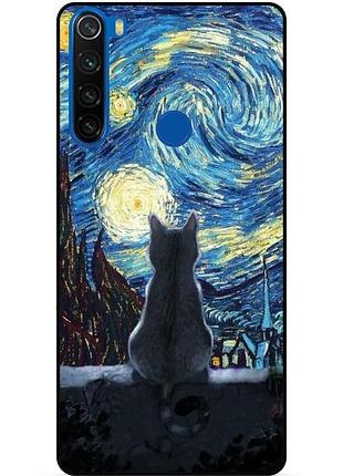 Силиконовый бампер чехол для xiaomi redmi note 8 с рисунком кошечка звездная ночь ван гог