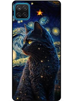 Силиконовый бампер чехол для samsung m12 с рисунком кошечка ван гог звездная ночь