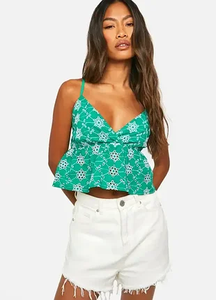 Зеленый топ-баска boohoo с вышивкой прошва и ришелье (uk 14 / xl)