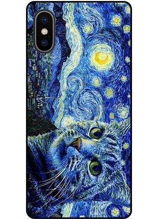 Силиконовый бампер чехол для iphone x 10 с рисунком кошечка ван гог звездная ночь