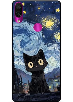 Силиконовый бампер чехол для xiaomi redmi note 7 с рисунком котик ван гог звездная ночь