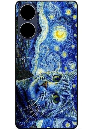 Силиконовый бампер чехол для oppo a38 с рисунком кошечка звездная ночь