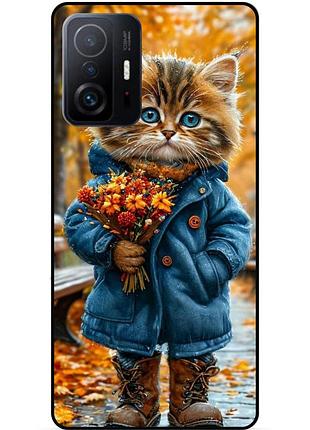 Силіконовий бампер чохол для xiaomi 11t з малюнком котик з букетом