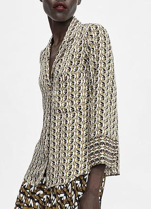 Блуза zara xs, s, рубашка атласная, блузка с широкими рукавами, сатин, с узором, бежевая, коричневая, шикарная акцентная, топ с рукавами на пуговицах
