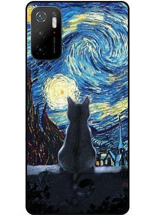 Силиконовый бампер чехол для xiaomi poco m3 pro с рисунком кошечка звездная ночь ван гог