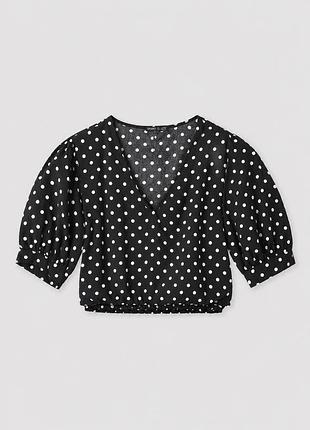 Топ oysho xs, s, новый, чёрный в белой горошек, кроп топ, рукава фонарики, вискоза натуральная ткань, лёгкий воздушный топ на лето, блуза в горох