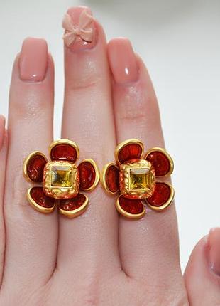 Серьги цветы красные с желтыми камнями ysl yves saint laurent сережки