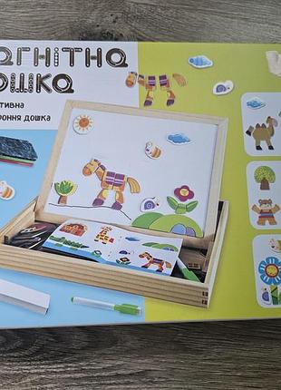 Магнитная двусторонняя доска, которая включает деревянный органайзер, магнитные элементы-пазлы, мел, маркер