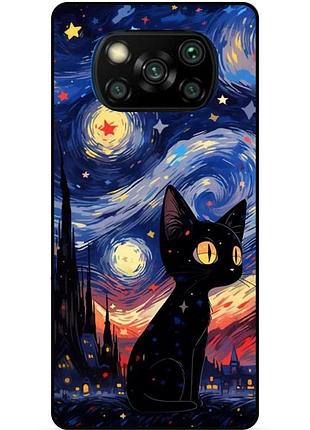 Силиконовый бампер чехол для xiaomi poco x3 с рисунком котик звездная ночь ван гог