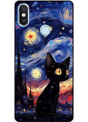 Силіконовий бампер чохол для xiaomi redmi note 6 pro з малюнком котик зіркова ніч ван гог