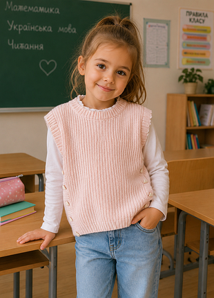 Вязаная розовая жилеткаш для девочки 5-6 лет, объем 59 см