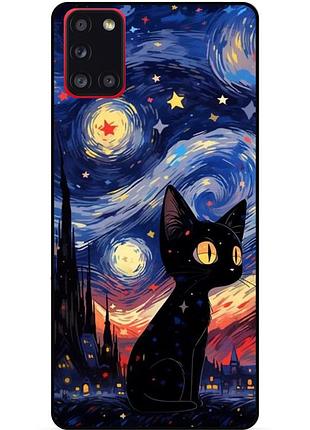 Силиконовый бампер чехол для samsung m51 с рисунком котик звездная ночь ван гог
