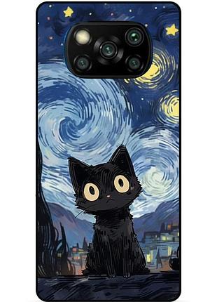 Силиконовый бампер чехол для xiaomi poco x3 с рисунком котик ван гог звездная ночь