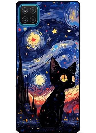 Силиконовый бампер чехол для samsung m12 с рисунком котик звездная ночь ван гог
