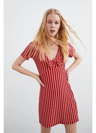 ❤️1+1=3❤️ zara червона сукня в білу смужку, літня сукня кльош з бантиком на вирізі, натуральне міні плаття 35% віскоза, розмір xs/s