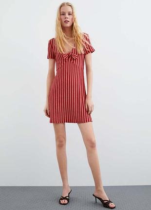❤️1+1=3❤️ zara червона сукня в білу смужку, літня сукня кльош з бантиком на вирізі, натуральне міні плаття 35% віскоза, розмір xs/s