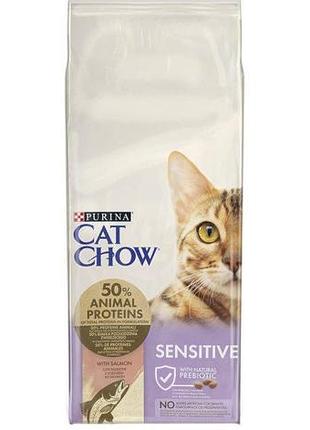 Сухий корм cat chow sensitive для дорослих котів із чутливою шкірою та травленням, з лососем, 15 кг