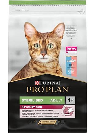 Сухой корм pro plan sterilised adult 1+ savoury duo для взрослых стерилизованных кошек, с треской и форелью, 3 кг