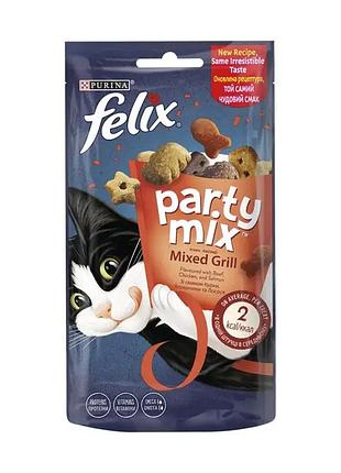 Блок (8 шт.) лакомство felix party mix гриль микс для взрослых кошек, со вкусом курицы, говядины и лосося, 60 г