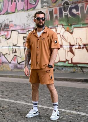 Літній костюм c.p. company чоловічий комплект сорочка та шорти коричневий urban casua