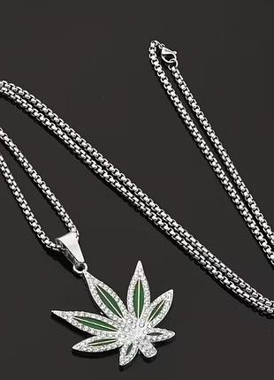 Мужской кулон с камешками green leaf с цепочкой на шею из медицинской стали под серебро