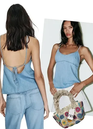 Облегченный джинсовый топ zara с тонкими бретельками и завязками на спине рs-m деним