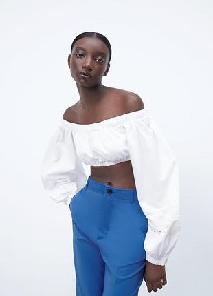 Топ блуза белая коттон с вышивкой кружевом с объемными рукавами m zara 5644/108