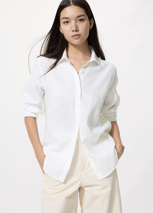 Белая льняная лен женская рубашка uniqlo premium linen shirt long sleeve