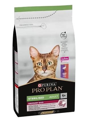 Сухой корм pro plan sterilised adult 1+ savoury duo для взрослых стерилизованных кошек, с уткой и печенью, 1.5 кг