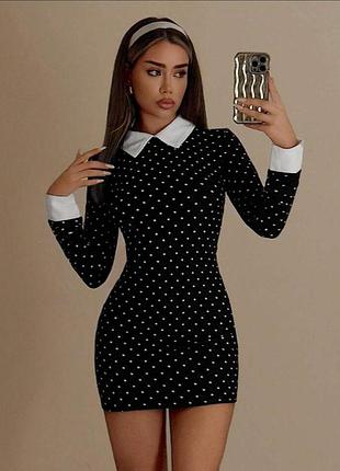 Черное платье в горошек shein/платье в горошек 
стиль wednesday 2