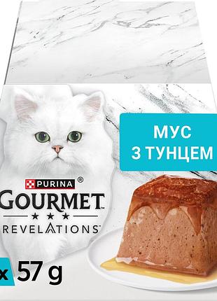 Блок (12 шт.) влажный корм gourmet revelations для взрослых кошек, мусс с стекающей подливкой, с тунцом, 2x57 г