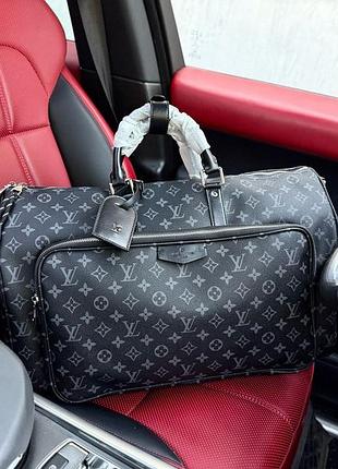 Сумка мужская louis vuitton keepall чёрная кожаная спортивная дорожная