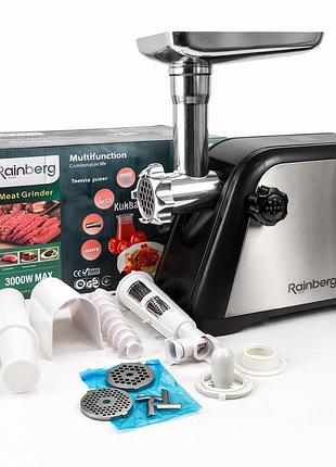 Мясорубка rainberg rb-672 3000w электрическая с реверсом и соковыжималкой, мясорубка электрическая металл