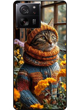 Чехол силиконовый бампер для xiaomi 13t с рисунком котик в цветах