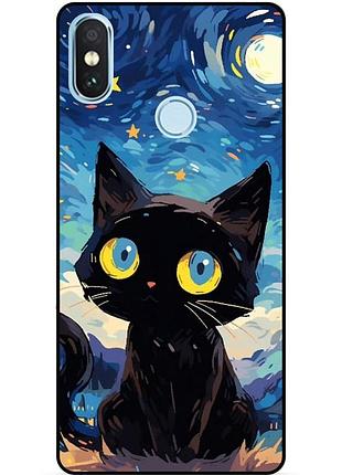 Силіконовий бампер чохол для xiaomi redmi note 6 pro котик ван гог зіркова ніч
