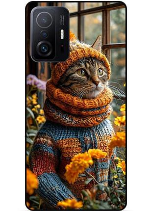 Чехол силиконовый бампер для xiaomi 11t с рисунком котик в цветах