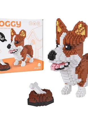 Дитячий конструктор ramiz 6115 welsh corgi з мисочкою на кісткою 1200 ел, коричнево-білий