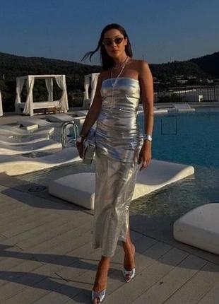 Плаття міді zara металік срібне стрейчеве бандо вечірнє сукня зара обтисле плаття сарафан із розрізом ззаду коктейльне