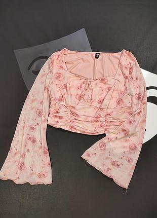 Блуза топ shein рожева з трояндами, розкльошені рукави, 2xl-4xl
