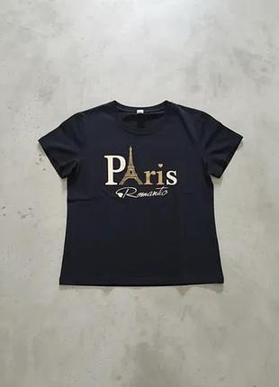 Чорна базова футболка для дівчинки 7-8 років з написом paris париж