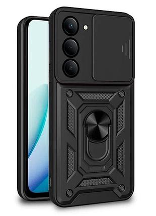 Противоударный чехол motomo ring camera slide xiaomi redmi 15 gl синий, защита камеры, кольцо-подставка чорний