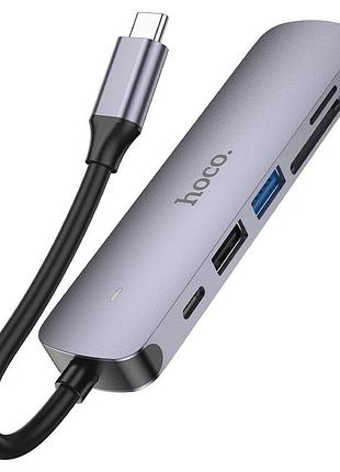 Переходник hoco hb28 multi-function 6in1 (type-c to hdtv+usb3.0+usb2.0+sd+tf+pd) metal gray 7