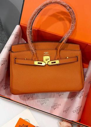 Женская оранжевая кожаная большая сумка шоппер люкс бренд биркин birkin shoulder верме эрмес гермесс хермес