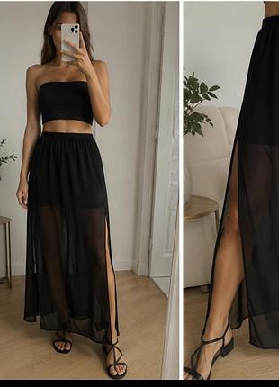 Натуральный шифон 🖤 h&m divided 🖤 юбка макси с подкладкой 🖤 длинная черная фатиновая сетка сеточка